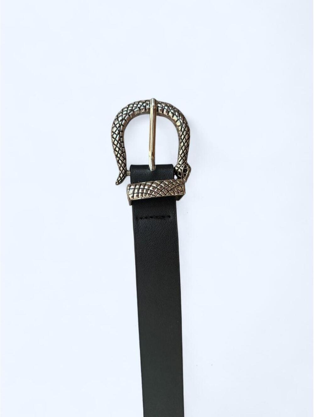 Black leather belt with silver snake buckle